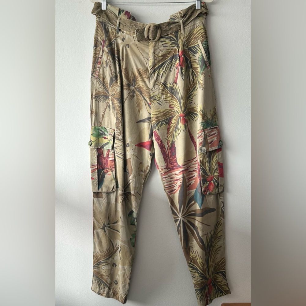 Desigual Tropical Print Cargo Pants in Beige with Pink & Green Accents